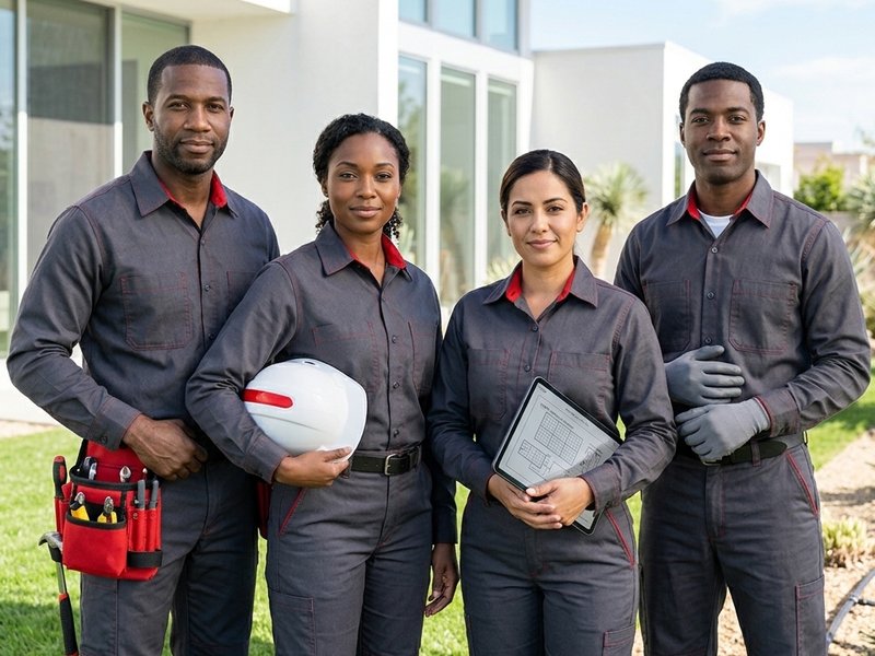 Grupo de profesionales técnicos con uniforme de trabajo, casco y herramientas