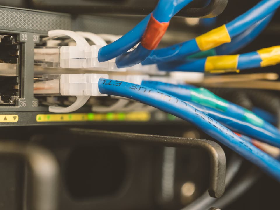 Cables de red etiquetados conectados a un switch